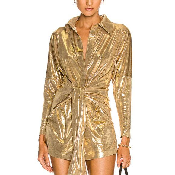 Norma Kamali Shimmery Gold Mini Shirt Dress - Picture 3 of 3